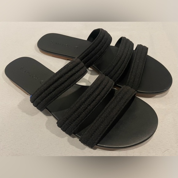 ROTHY’S Stretch Triple Band Stretch Black Leather Sandals Women’s Size 8 1/2 - Picture 1 of 3
